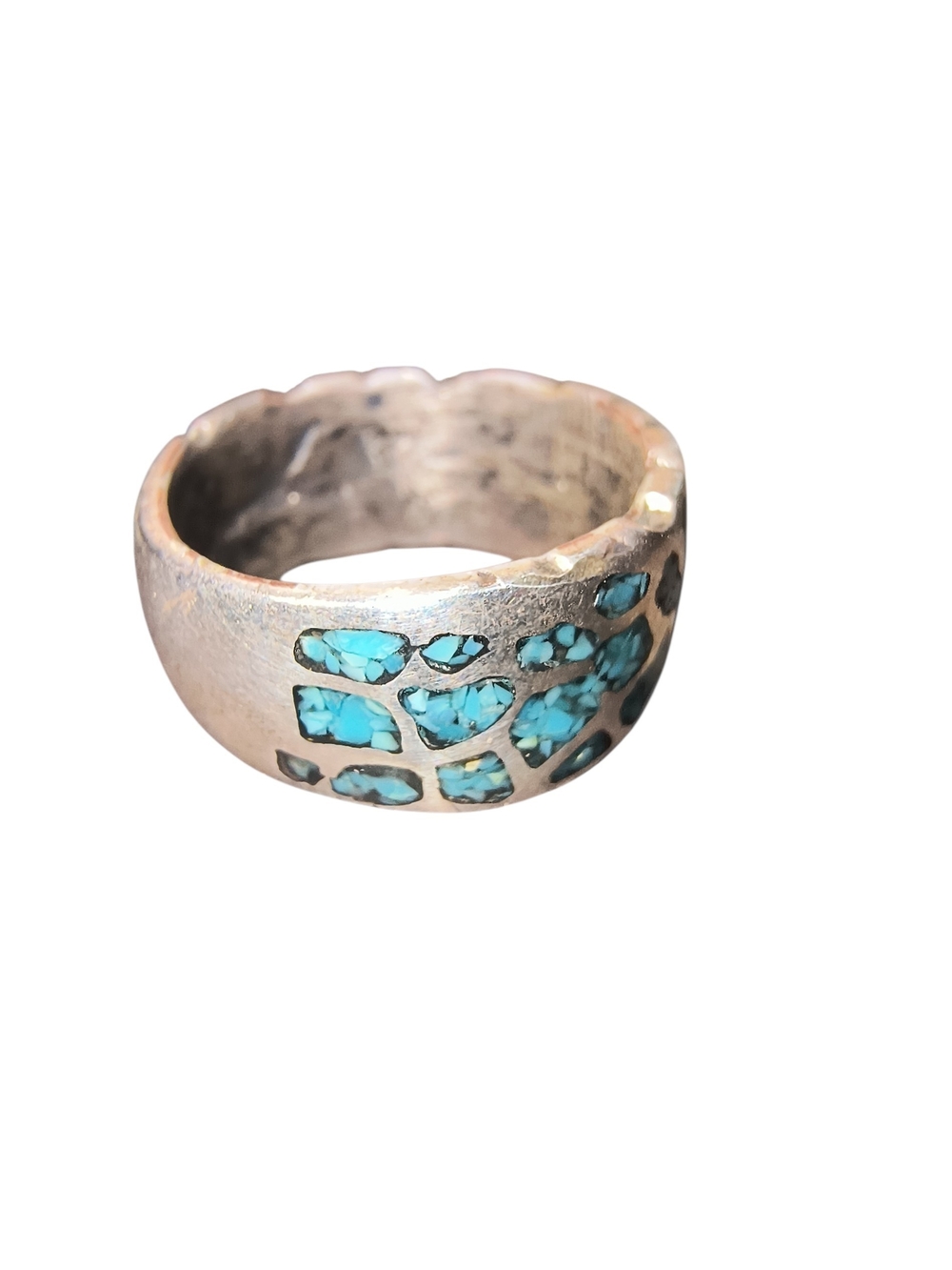 Turquoise Chip Inlay Sterling Silver Wide Band Ring - Picture 2 of 10